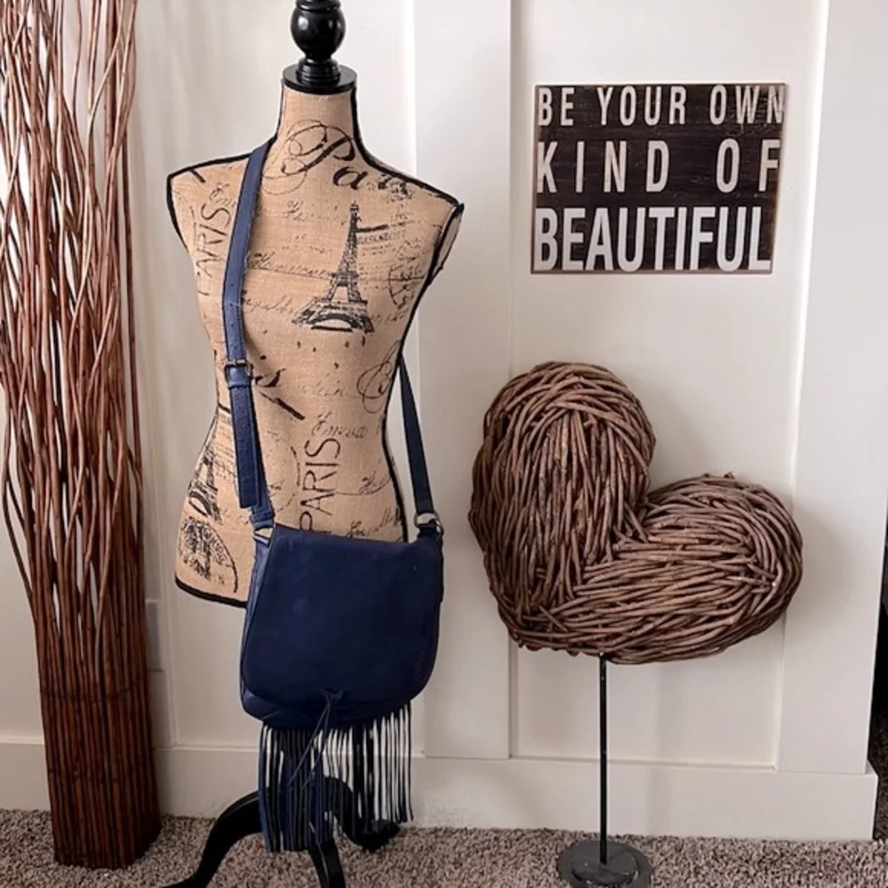 Lucky Brand Blue Fringed Leather Shoulder Bag